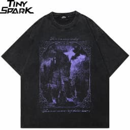 Hip Hop Washed Black T-Shirt Streetwear Vintage Purple Graphic Horror Castle T Shirt Cotton Tshirt Men Tops Tees Unisex Y2K
