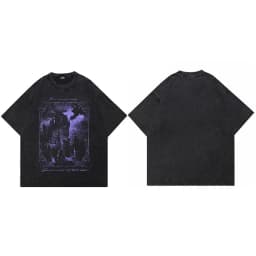 Hip Hop Washed Black T-Shirt Streetwear Vintage Purple Graphic Horror Castle T Shirt Cotton Tshirt Men Tops Tees Unisex Y2K