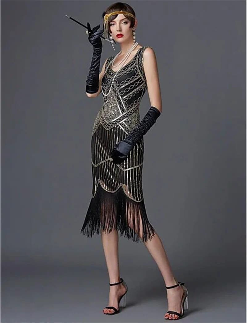 SIDAIMI 1920s Flapper Dress Great Gatsby Dress Round-Neck New Women's Black Sequin Dress Elegant Dress Tassel Party Dress