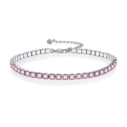 QooLady 925 Sterling Silver Round Pink CZ Tennis Link Bracelet for Women Classic Adjustable Size Female Wedding Jewelry SB013