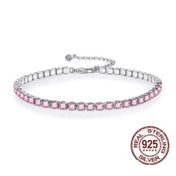 QooLady 925 Sterling Silver Round Pink CZ Tennis Link Bracelet for Women Classic Adjustable Size Female Wedding Jewelry SB013