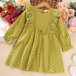 New Spring Autumn Girl's Net Gauze Lace Splicing Long-Sleeved Dress Polka Dot Cute Skirt Casual Kids Children Loose Comfortable