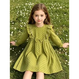 New Spring Autumn Girl's Net Gauze Lace Splicing Long-Sleeved Dress Polka Dot Cute Skirt Casual Kids Children Loose Comfortable