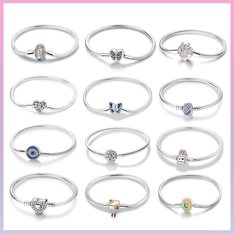 2024 Hot Selling New Original 925 Sterling Silver Snake Chain Heart Cat Claw Bracelet for Disk Beads DIY Jewelry Making