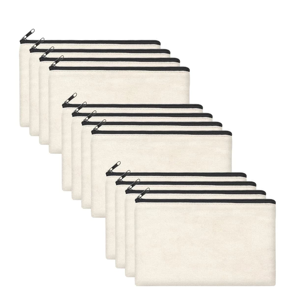 12PCS DIY Blank Canvas Beige Makeup Bag with Zipper - 8.3" x 5" Bulk Cosmetic Pouches for Travel, Storage, and Stationery