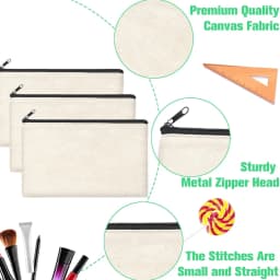 12PCS DIY Blank Canvas Beige Makeup Bag with Zipper - 8.3" x 5" Bulk Cosmetic Pouches for Travel, Storage, and Stationery