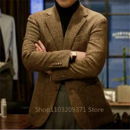 Male Suit Gray Men's Jacket Dark Gray Herringbone Wool Tweed Lapel Collar Single Breasted Formal Bussiness Jacket for Wedding