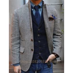 Male Suit Gray Men's Jacket Dark Gray Herringbone Wool Tweed Lapel Collar Single Breasted Formal Bussiness Jacket for Wedding