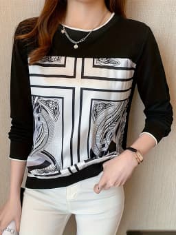Fashion Patchwork Bottoming Shirts Women's Sweatshirt Casual Tops Printing T Shirt Ladies O-Neck Tee Shirt
