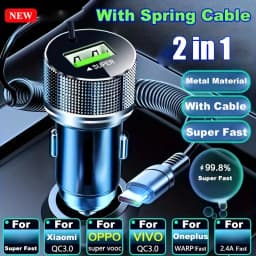 Metal USB C Car Charger with Spring Cable Super Fast Charging Adapter 12V for iPhone 15 14 13 Samsung OPPO VIVO Huawei Oneplus