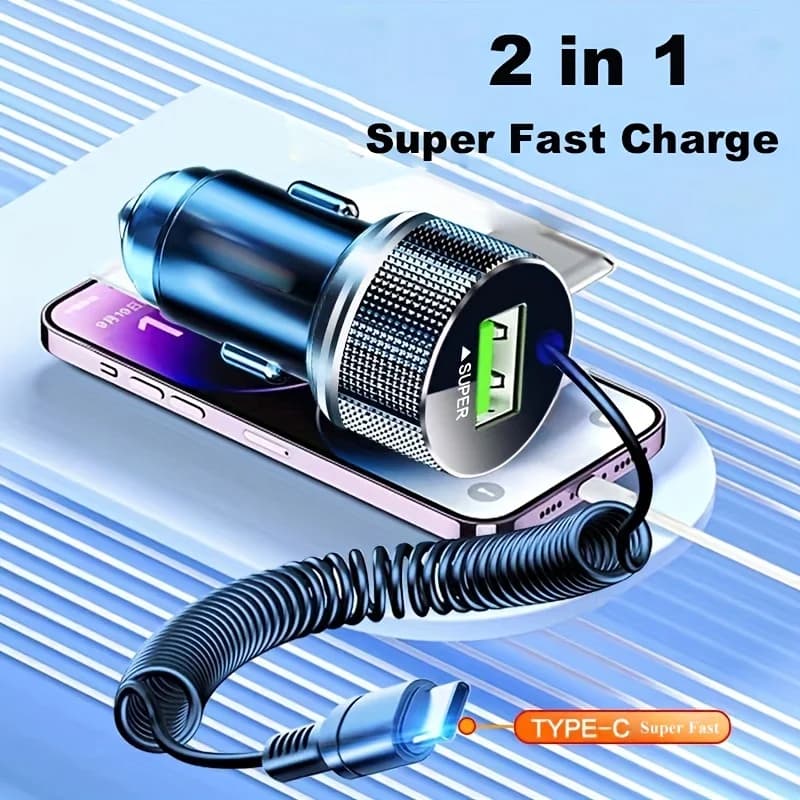 Metal USB C Car Charger with Spring Cable Super Fast Charging Adapter 12V for iPhone 15 14 13 Samsung OPPO VIVO Huawei Oneplus