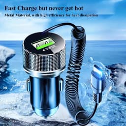 Metal USB C Car Charger with Spring Cable Super Fast Charging Adapter 12V for iPhone 15 14 13 Samsung OPPO VIVO Huawei Oneplus