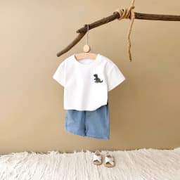 2024 Summer Boys Clothes Boys Girls Outfit Set Casual Leisure Dinosaur Embroidered T-shirt+denim Shorts 2PCS for 0-3Y Childrens