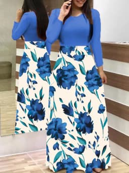 Autumn hot selling European and American flower color matching dresses, long dresses, women's clothing in stock