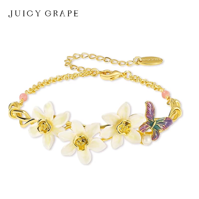 Juicy Grape Daffodil Butterfly Bracelets for Women 18K Gold Plated Enameled Craft Adjustable Chain Design Birthday Party Jewelry