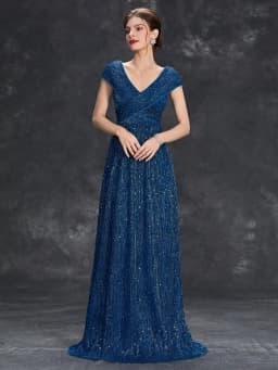 Mgiacy V-neck bag Rotator sleeve punch vertical strip mesh A full skirt Evening gown ball dress Party dress Bridesmaid dress