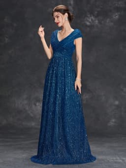 Mgiacy V-neck bag Rotator sleeve punch vertical strip mesh A full skirt Evening gown ball dress Party dress Bridesmaid dress