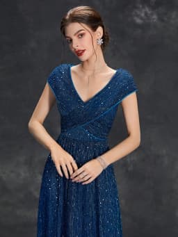 Mgiacy V-neck bag Rotator sleeve punch vertical strip mesh A full skirt Evening gown ball dress Party dress Bridesmaid dress