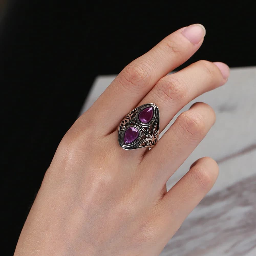 Charms 6x9MM Natural Amethyst S925 Silver Rings Women's Jewelry Vintage Ring Anniversary Party Gifts For Women