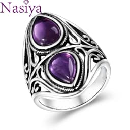 Charms 6x9MM Natural Amethyst S925 Silver Rings Women's Jewelry Vintage Ring Anniversary Party Gifts For Women