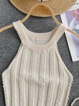 2024 Solid Color Crew Neck Tank Top Vacation Beaded Decor Sleeveless Tank Top For Summer Women's Clothing Crop Top