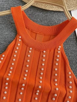 2024 Solid Color Crew Neck Tank Top Vacation Beaded Decor Sleeveless Tank Top For Summer Women's Clothing Crop Top