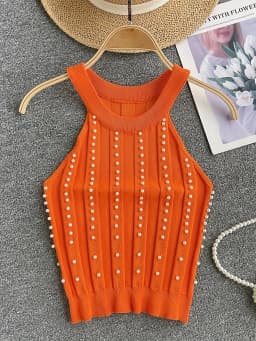 2024 Solid Color Crew Neck Tank Top Vacation Beaded Decor Sleeveless Tank Top For Summer Women's Clothing Crop Top