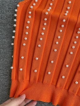 2024 Solid Color Crew Neck Tank Top Vacation Beaded Decor Sleeveless Tank Top For Summer Women's Clothing Crop Top