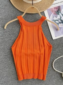 2024 Solid Color Crew Neck Tank Top Vacation Beaded Decor Sleeveless Tank Top For Summer Women's Clothing Crop Top