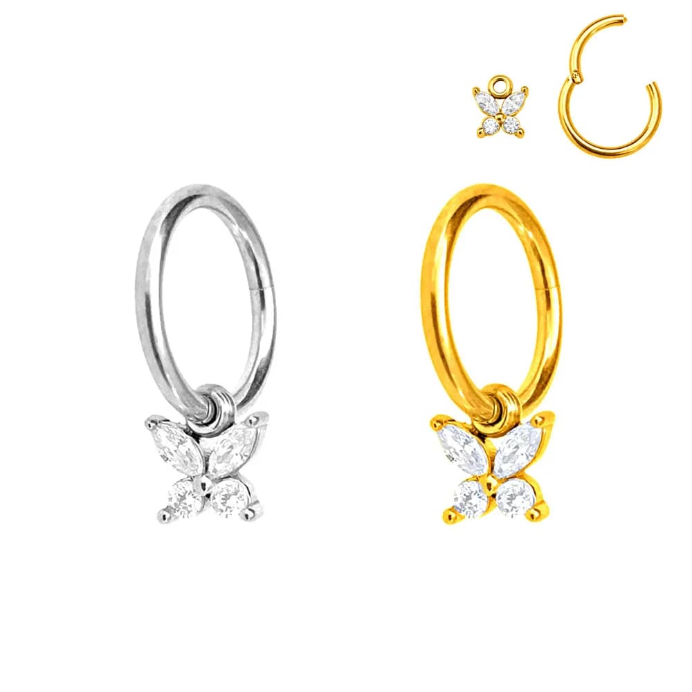 Butterfly Pendant Clicker Segment Rings Daith Conch Hoop Earrings CZ Drop Piercing Jewelry 316L Surgical Steel 16G 18G 20G