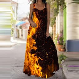 Women's Fashionable Flame Printed Sleeveless Dress  Summer Casual Printed Long Dress