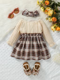 2024 New Baby Girls Autumn Long Sleeve With Bow Plaid Fahion Cute Dress
