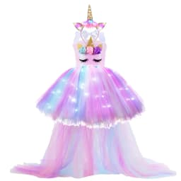 Kids Long Tail Unicorn Dress with LED Lights Girls Birthday Party Dress Princess Carnival Costume Hairband Pastel Rainbow Gown