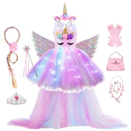 Kids Long Tail Unicorn Dress with LED Lights Girls Birthday Party Dress Princess Carnival Costume Hairband Pastel Rainbow Gown