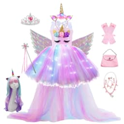 Kids Long Tail Unicorn Dress with LED Lights Girls Birthday Party Dress Princess Carnival Costume Hairband Pastel Rainbow Gown