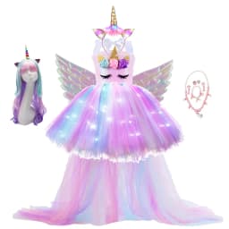 Kids Long Tail Unicorn Dress with LED Lights Girls Birthday Party Dress Princess Carnival Costume Hairband Pastel Rainbow Gown