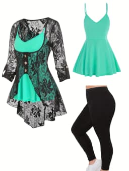 Plus Size Ladies Elegant Black-And-Green Button Beautiful Oversize Hot Spring Button Lace Overhang Pants Three-Piece Suit