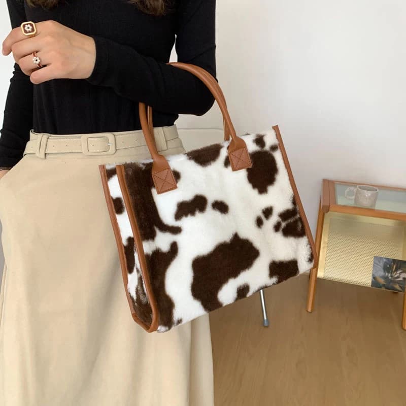 Women's Faux Fur Cow Print Designer Shopper Totes Soft Plush Female Shoulder Bags Winter Large Capacity Handbags and Purse