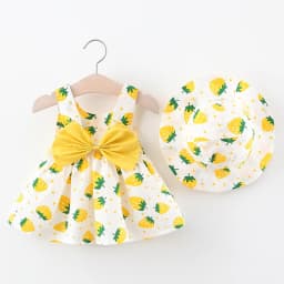 Baby Dress 2025 Summer New Girl's Sweet Bow Dress Children's Strawberry Print Small Fresh Casual Dress+Hat Children's Wear