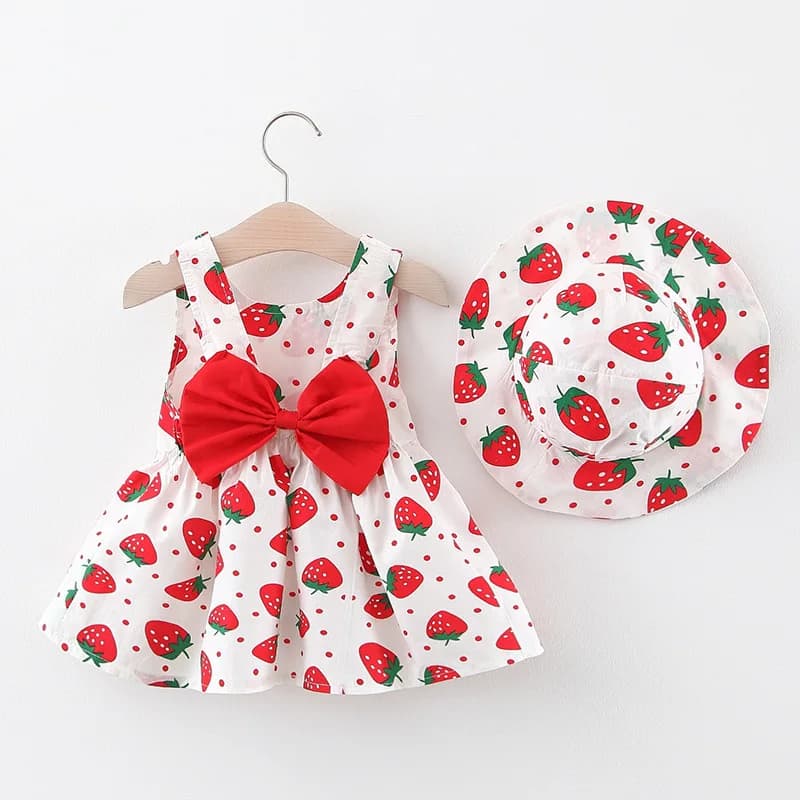 Baby Dress 2025 Summer New Girl's Sweet Bow Dress Children's Strawberry Print Small Fresh Casual Dress+Hat Children's Wear