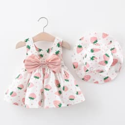 Baby Dress 2025 Summer New Girl's Sweet Bow Dress Children's Strawberry Print Small Fresh Casual Dress+Hat Children's Wear