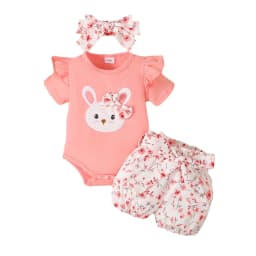 3PCS Baby Girl Clothes Outfits for 0-18 Months Ruffled Sleeve Lovely Rabbit Bodysuit+Flower Shorts+Headband Summer Casual Wear