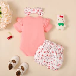 3PCS Baby Girl Clothes Outfits for 0-18 Months Ruffled Sleeve Lovely Rabbit Bodysuit+Flower Shorts+Headband Summer Casual Wear