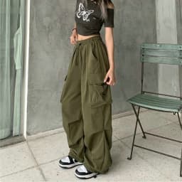Women Casual Cargo Pant Solid Low Waist Drawstring Big Pockets Wide Leg Baggy Trousers Female Y2K Streetwear Oversize Sweatpants