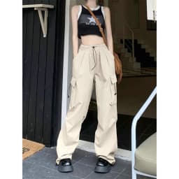 Women Casual Cargo Pant Solid Low Waist Drawstring Big Pockets Wide Leg Baggy Trousers Female Y2K Streetwear Oversize Sweatpants