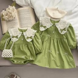 Sisters Clothes Infant Baby Girls Lace Collar Dress Rompers Kids Baby Girls Embroider Bow Princess Dress Family Clothes Rompers