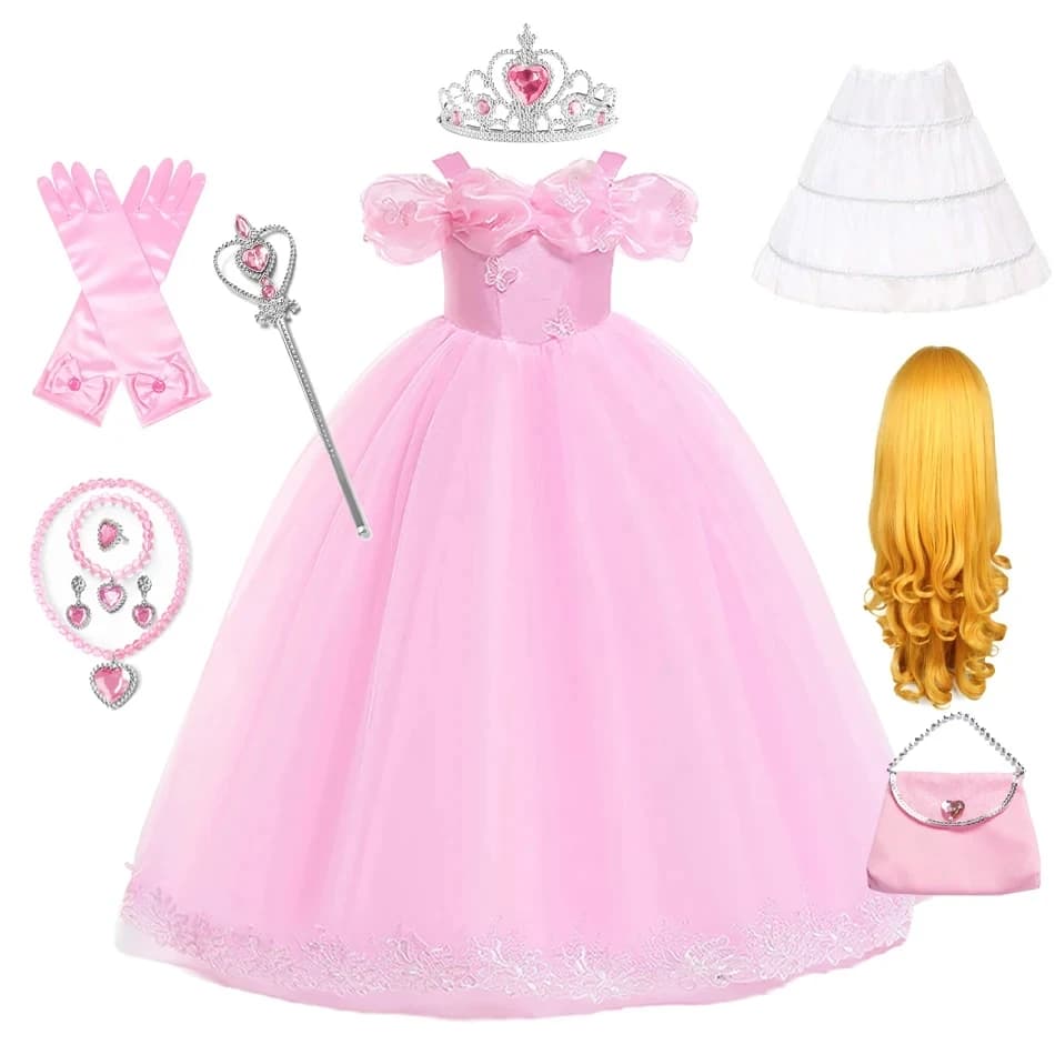 Pink Aurora Cosplay Costumes for Girls Ball Gown Pagent Princess Elegent Shoulderless Long Dress Birthday Party Butterfly Frocks