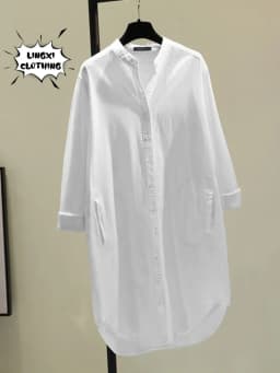 Fashion New Elegant Solid Cotton Linen Women's Shirt Single Breasted Round Neck Casual Commuter Style Mid Length Shirt