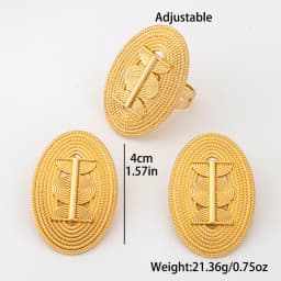 18K Gold Plated Embossed Oval Geometric Hollow Earrings & Ring Set For Women Luxury Wedding Party Bridal Accessories Gift