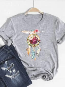 Print T Shirt Short Sleeve Flower Vintage Cute 90s Summer Top Fashion Clothes Women Clothing Gray Basic Tee Graphic T-shirt